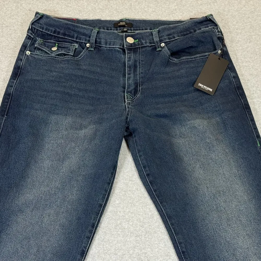 True Religion Ricky SN Flap Relaxed Straight Jeans Dark Woodland Wash 36x34 NWT